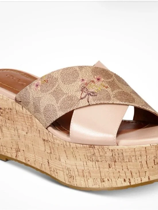 COACH Cross Band Wedge Sandals tan pale blush in leather signature Size 6B