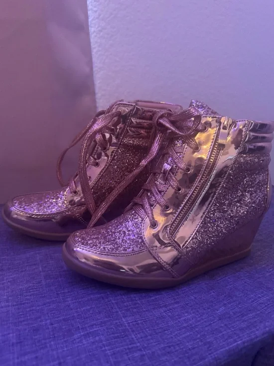 Forever 21 Rose Gold Glitter Wedge Sneakers
