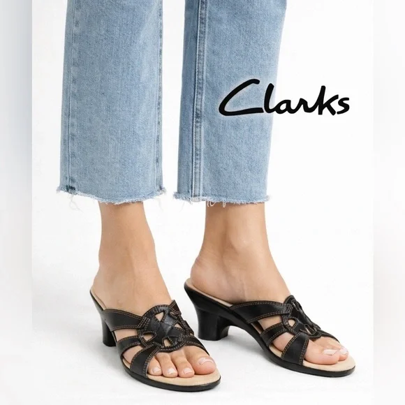 Clarks Black Leather Comfort Slide Sandals Women’s Size 7M beach shoes