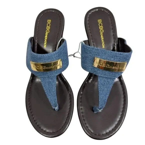 BCBGENERATION DOMINIQUE DENIM THONG WEDGE‎ SANDALS NWT 8 Y2K
