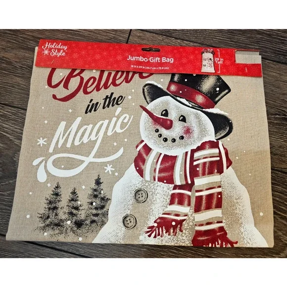 Holiday Style Snowman Believe in Magic Gift Burlap Drawstring Bag New 18