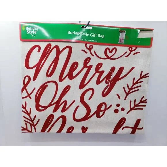 Holiday Style Christmas Merry Oh So Gift Burlap Drawstring Bag New 18