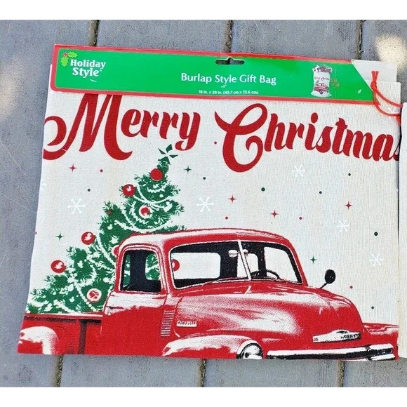 Holiday Style Christmas Red Truck Canvas Burlap Drawstring Bag 18