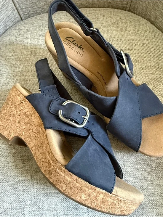 Clarks Women’s Navy Cork Cross‑Strap Wedge Sandals with Buckle