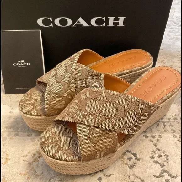 Coach Tan Signature Canvas Wedge Espadrille Slides size 7