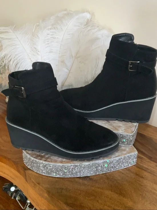 Anne Klein Black Suede Wedge Ankle Boots with Buckle