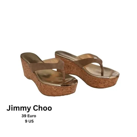 Jimmy Choo Pathos Tan Suede + Cork Wedge Size 39/8.5