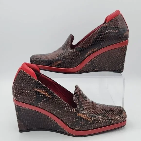 Donald Pliner Snake Wedges Red Modern Loafers Slip On Leather 6 Made in Italy