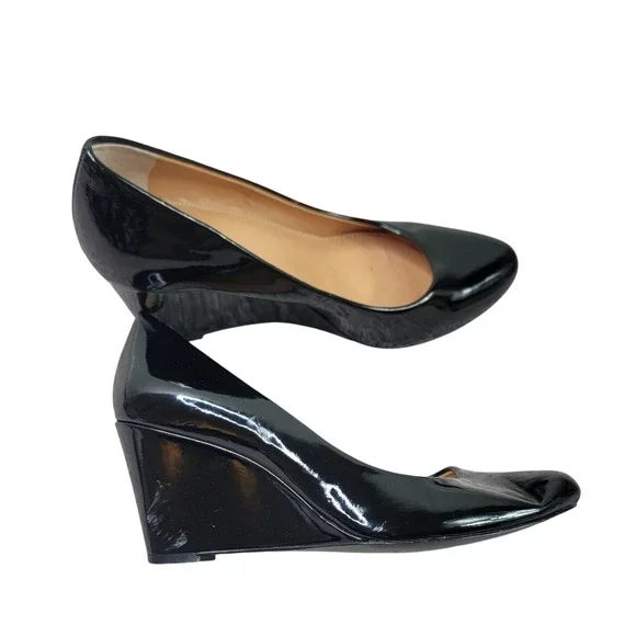 J.Crew Womens Black Patent Leather Wedge Pumps Round Toe Size 7 Professional