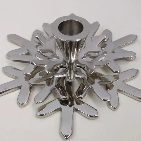 Crate and Barrel Pair of Silver Snowflake Candle Holders