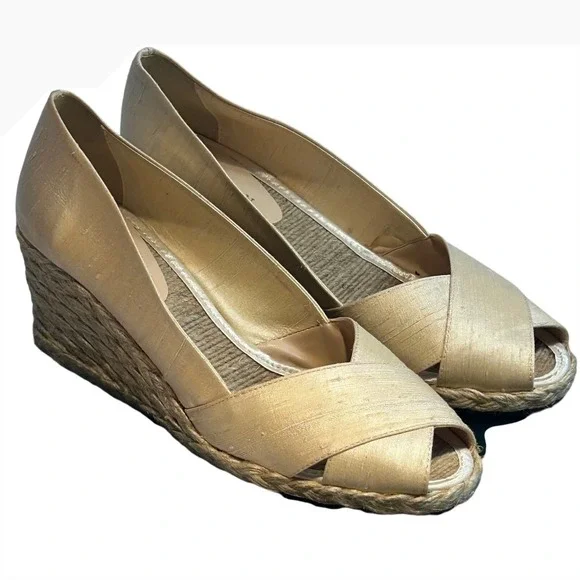 Lauren‎ Ralph Lauren Cecilia Parchment Shantung Espadrille Wedges Gold 9B Spain