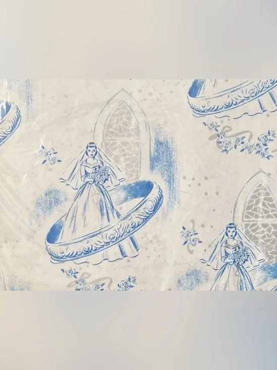 Vtg Blue White Bridal Shower Gift Wrap 1950s Wedding Paper Sealed  Romantic