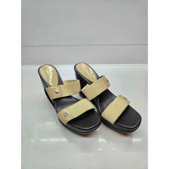 Calvin Klein Yanz Black Beige Canvas Patent‎ Wedge Sandals Womens 8.5M E8681