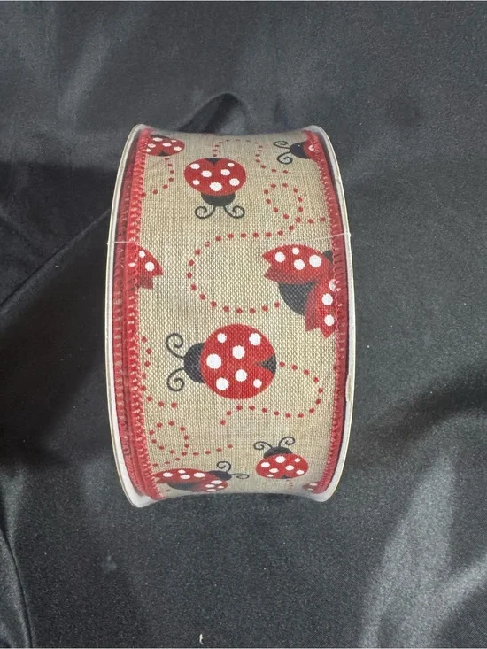 Red Ladybug Print Burlap Ribbon  Party Ribbon 2.5 inch. 50 yards