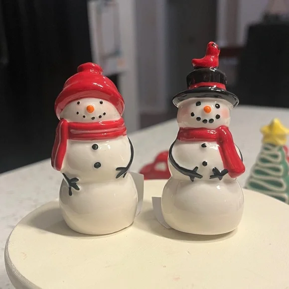 Ceramic Snowman Figurines with Red and Black Accents