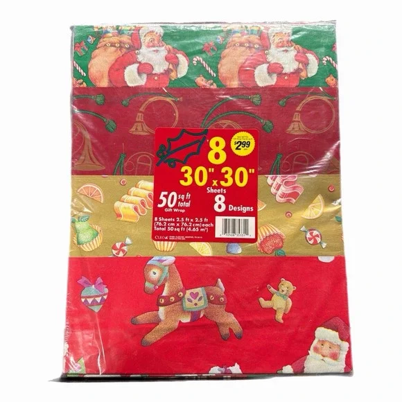 VTG NOS Cleo Christmas Wrapping Paper 50 Sq/Ft Flat Gift Wrap 8 Sheets, Designs