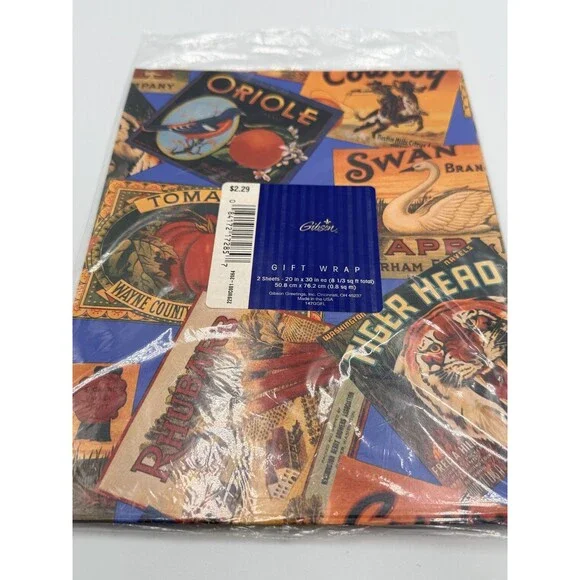 Gibson Vintage Style Fruit Crate Label Collage Gift Wrap Paper 2 Sheets 20