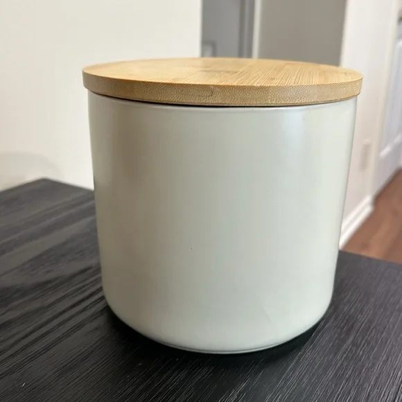 Crate and Barrel ceramic canister with bamboo lid