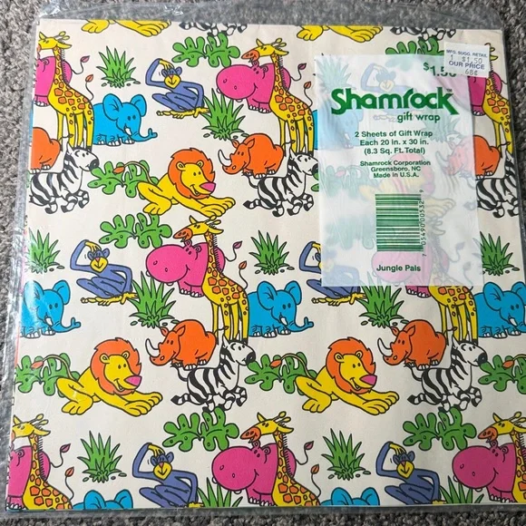 5/$25 VINTAGE Birthday Wrapping Paper Cute Zoo Animals Jungle Pals