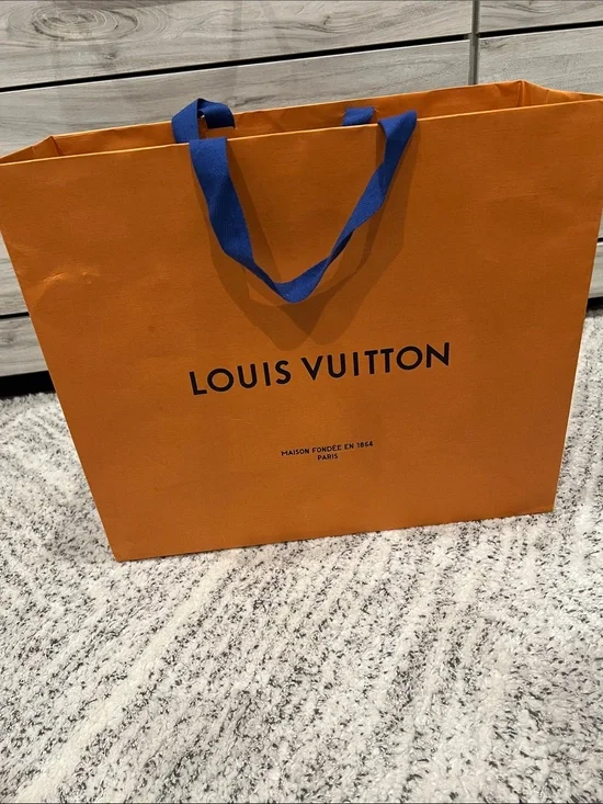 Louis Vuitton Orange Medium Shopping Bag with Royal Blue Handles & Card Included