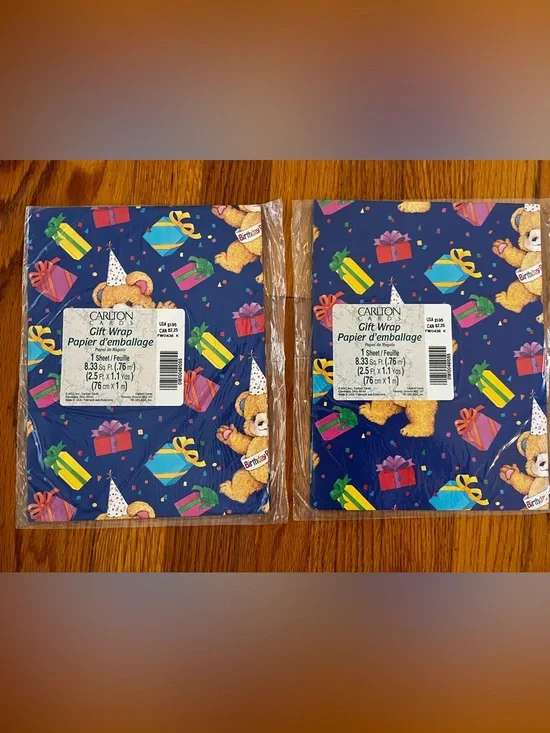 VTG 90s Carlton Cards Birthday Blue & Presents Bear Gift Wrap - 2 Pack