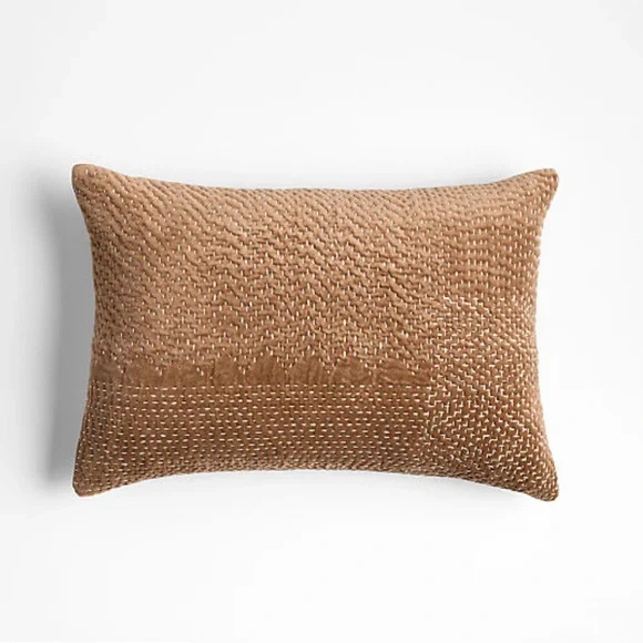 Sashiko Organic Cotton Velvet 22x15 Camel Tan Throw Pillow Cover