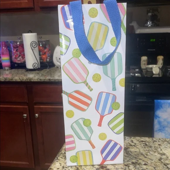 Striped pickle ball Pattern Wine Gift Bag with Blue Handles