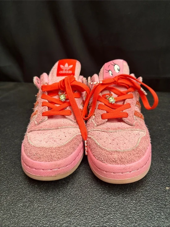 Adidas + Dr. Seuss Kids Pink Suede Sneakers with Red Laces and Character Tongue