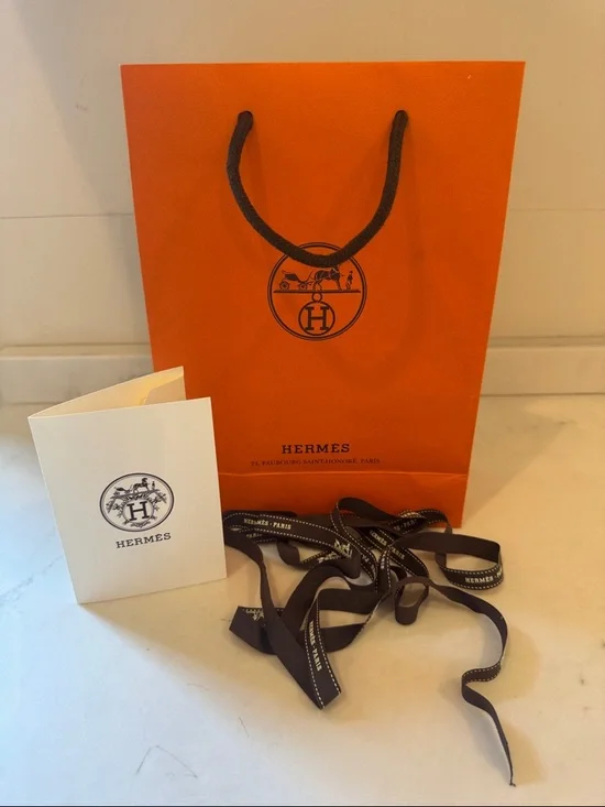 Hermes Orange Gift Bag with Brown ribbon and card  8.5x11.5x3