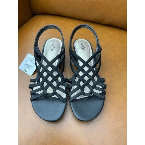 East 5th Reno Wedge Sandals Womens 7 Black Strappy Slingback Knotted EF RENO