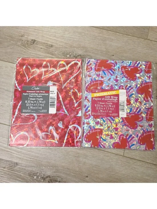 2 Vtg Foil Hearts Red Pink Silver Retro Love Gift Wrapping Paper Arts Crafts