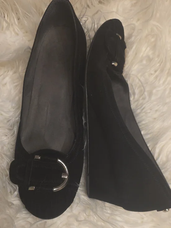 Stuart Weitzman Black Suede Wedge Ballet Flats with Silver Buckle Detail   8.5