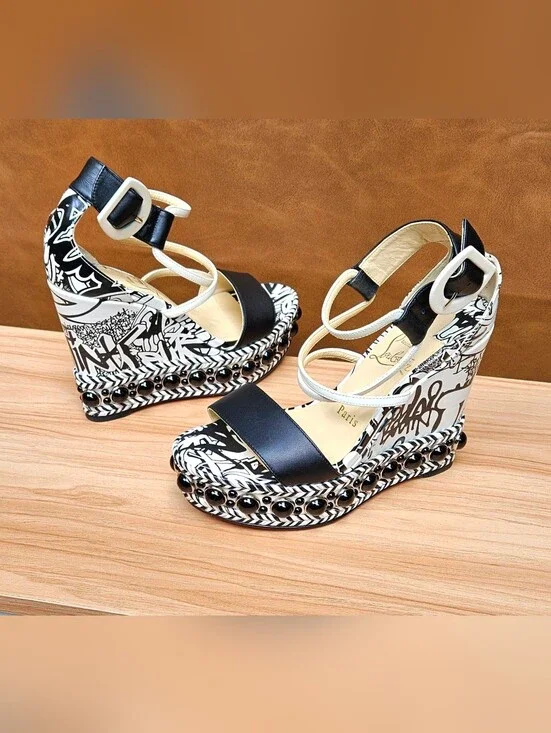 Christian Louboutin Black & White Graffiti Wedge Buckle Sandals Size 5 US