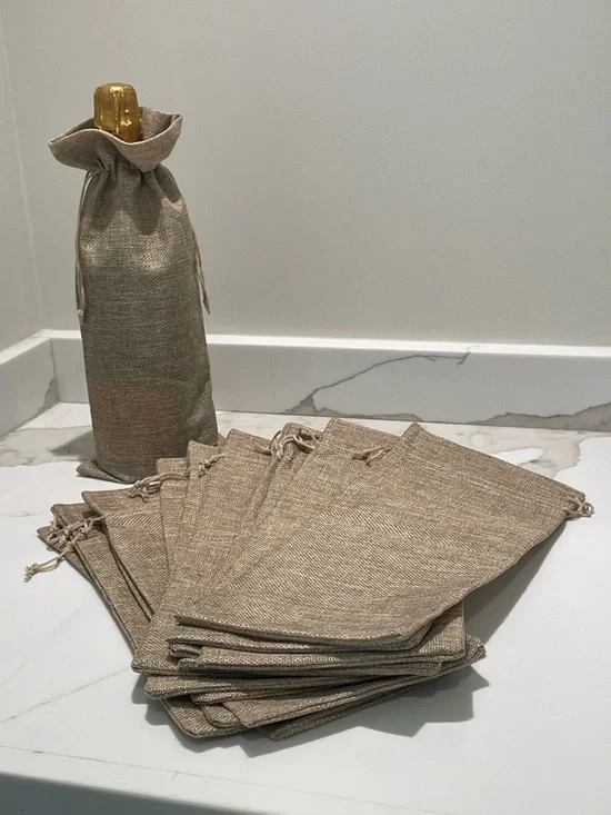 Natural Linen Drawstring Wine Bag Set - Neutral Beige