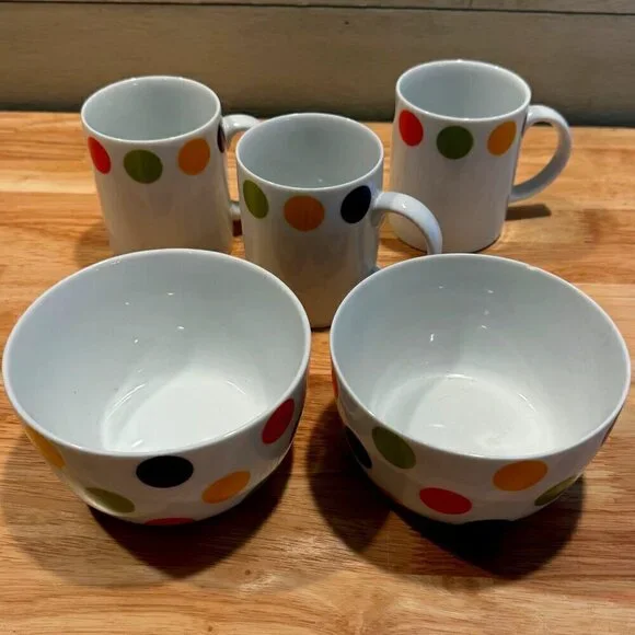 CRATE AND BARREL Multicolored Polka Dots On White Coffee/Tea Mugs 3 & Bowls 2  *