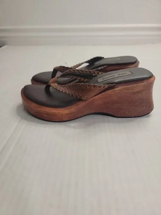 Vintage Steve Madden Chunky Wood Platform Wedge Sandals Size 7.5B Tan Boho Y2K