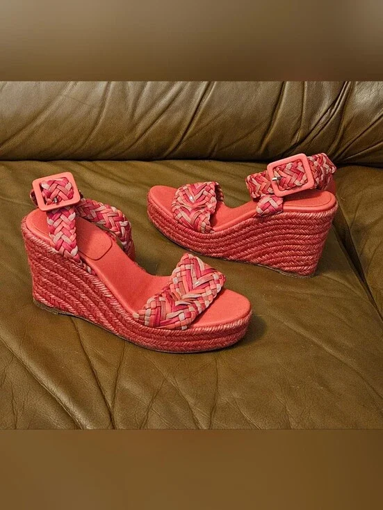 Hermes Coral Braided Espadrille Wedge Sandals Heels Size 5 US