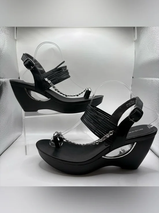 Andrew Geller Black Wedge Sandals with Crystal Accent