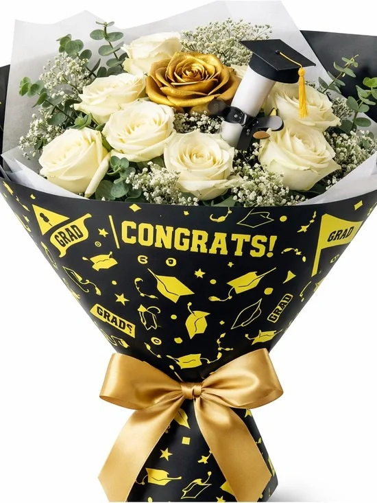 Graduation Bouquet Wrap 15 Sheets Waterproof Paper 22x22 Black Congrats