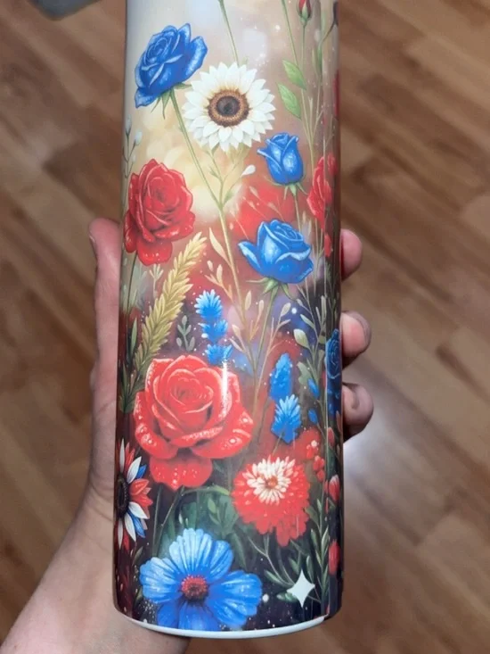 Patriotic Red, White & Blue 'MOM' Travel Tumbler - USA Flag Design roses