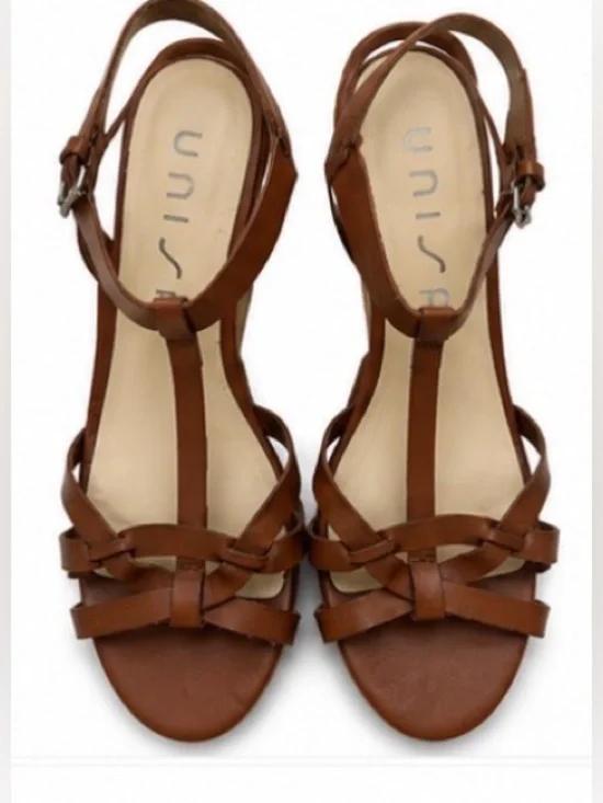 [Unisa] Brown Leather Cork Wedge Sandals - Women's Size 7.5M