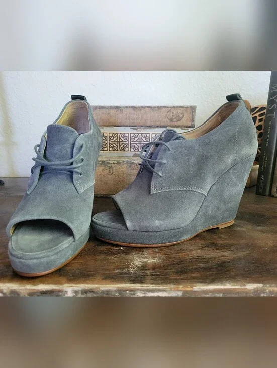 Rag & Bone Suede Peep-Toe Wedge Heels in Slate Gray - Women
