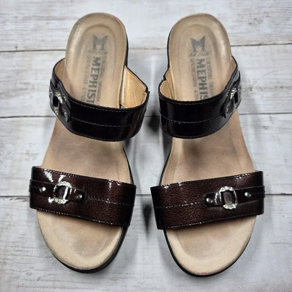 Mephisto Air-Relax Nalade Wedge Sandal Slide Brown Patent Leather Womens 38