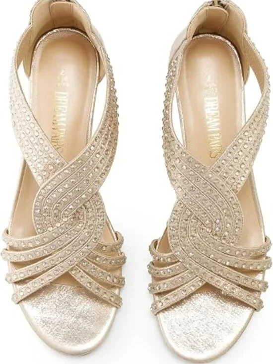 Women's Open Toe Low Wedges Sandals, Rhinestone Strappy Zipper Dress Shoes