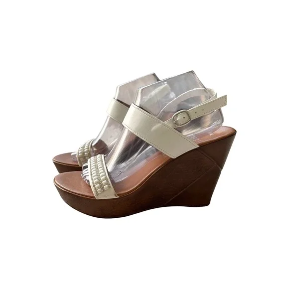 Italian Shoemakers Wedge Sandals Women 10 White Pearl Rhinestone Platform Summer