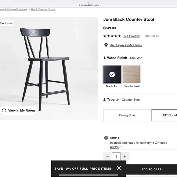 Crate & Barrel Juni Black Counter Height Bar Chairs