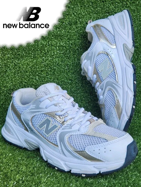 New Balance 530 Big Boys Running White Metallic Gold Comfy Youth Size 5 Sneakers