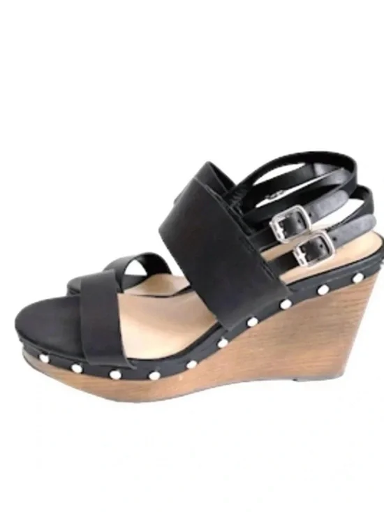 Bleecker and Bond Sandra  Leather Wedge Black Studded Platform Sandals  Size 10