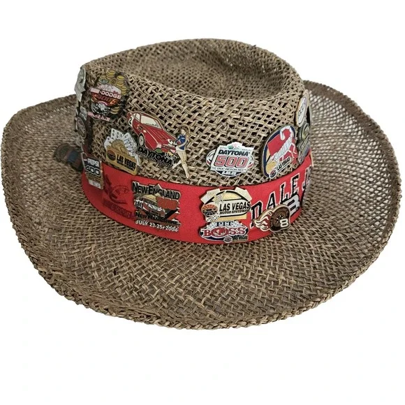 Dale Earnhardt Straw Hat With 40 Racing Pins NASCAR Automobile Some Vintage