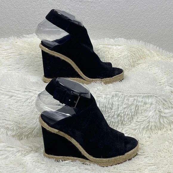 Vince Espadrille Wedge Sandals Womens 6.5 Black Excellent Suede Peep Toe Italy